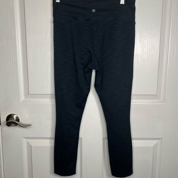 Athleta 3/4 Athletic Leggings Sz M Black Blue Striped - Picture 2 of 9